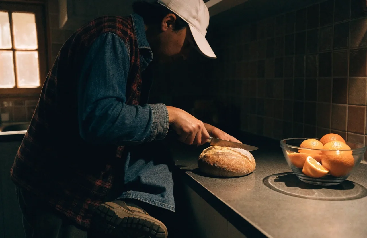 Pan y fruta sobre una mesa de madera con luz dorada lateral en una cocina española