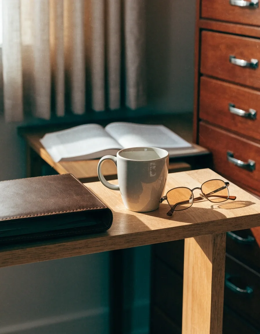 Cuaderno abierto y lápiz sobre una mesa de madera junto a la ventana, con luz dorada de la tarde