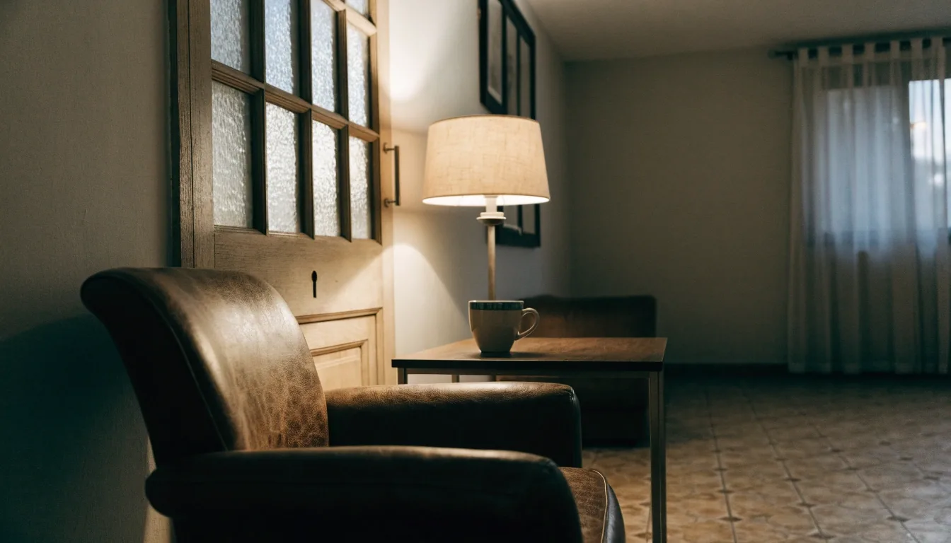 Interior de un piso español con luz dorada de tarde cruzando una mesa de madera
