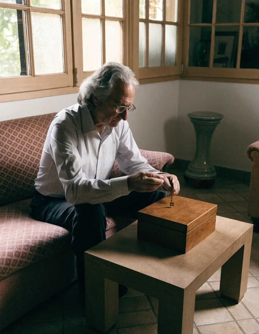 Mano sobre un cuaderno abierto en una mesa de madera con luz de tarde