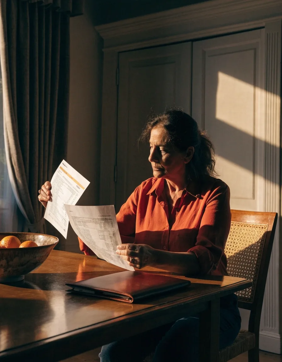 Mesa de comedor española con luz cálida de tarde, un cuaderno abierto, un lápiz y un portátil cerrado