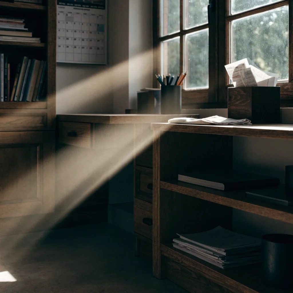 Cuaderno abierto y taza de café sobre una mesa de madera con luz de tarde