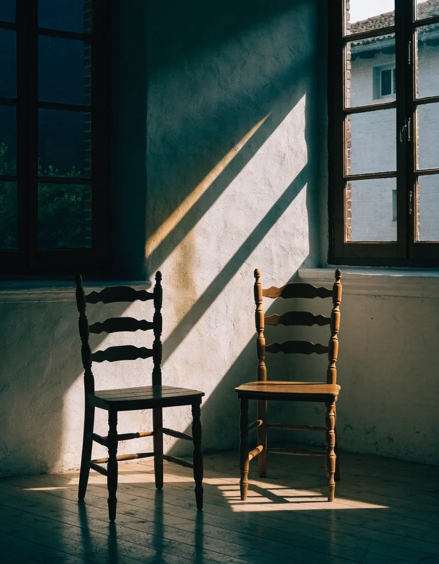 Dos sillas iguales junto a una ventana, una en sombra y otra iluminada por la tarde