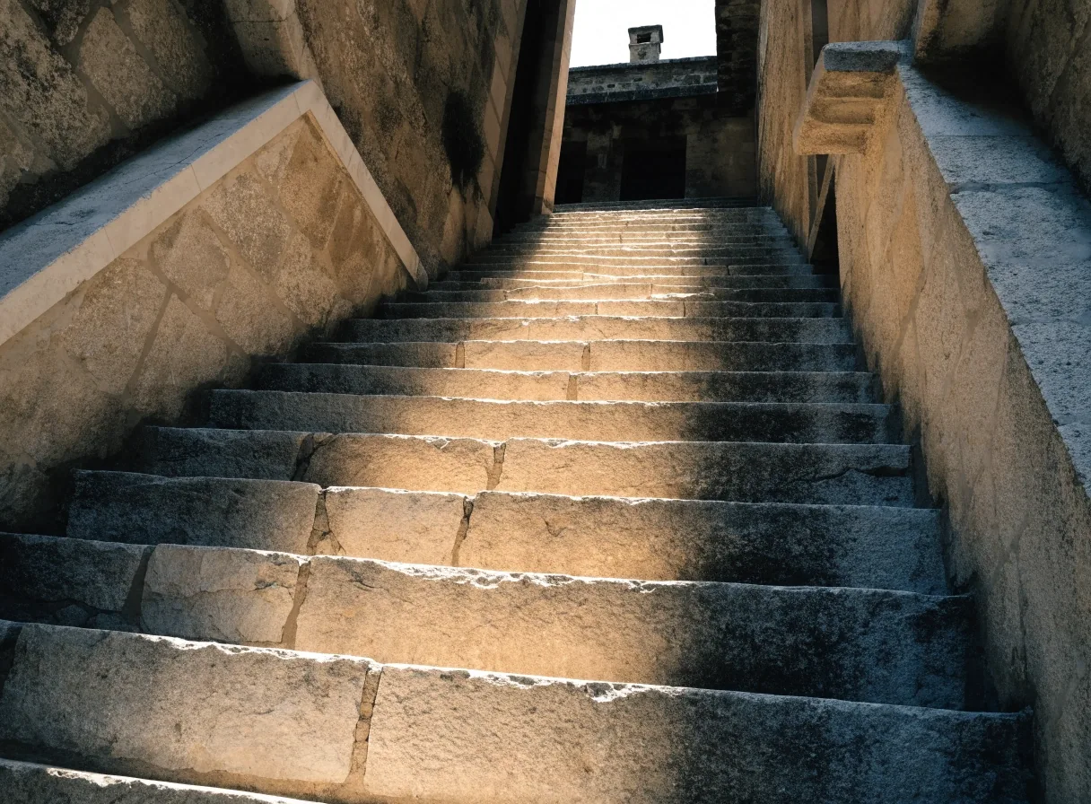 Escalera de un edificio antiguo español con luz de tarde entrando por arriba