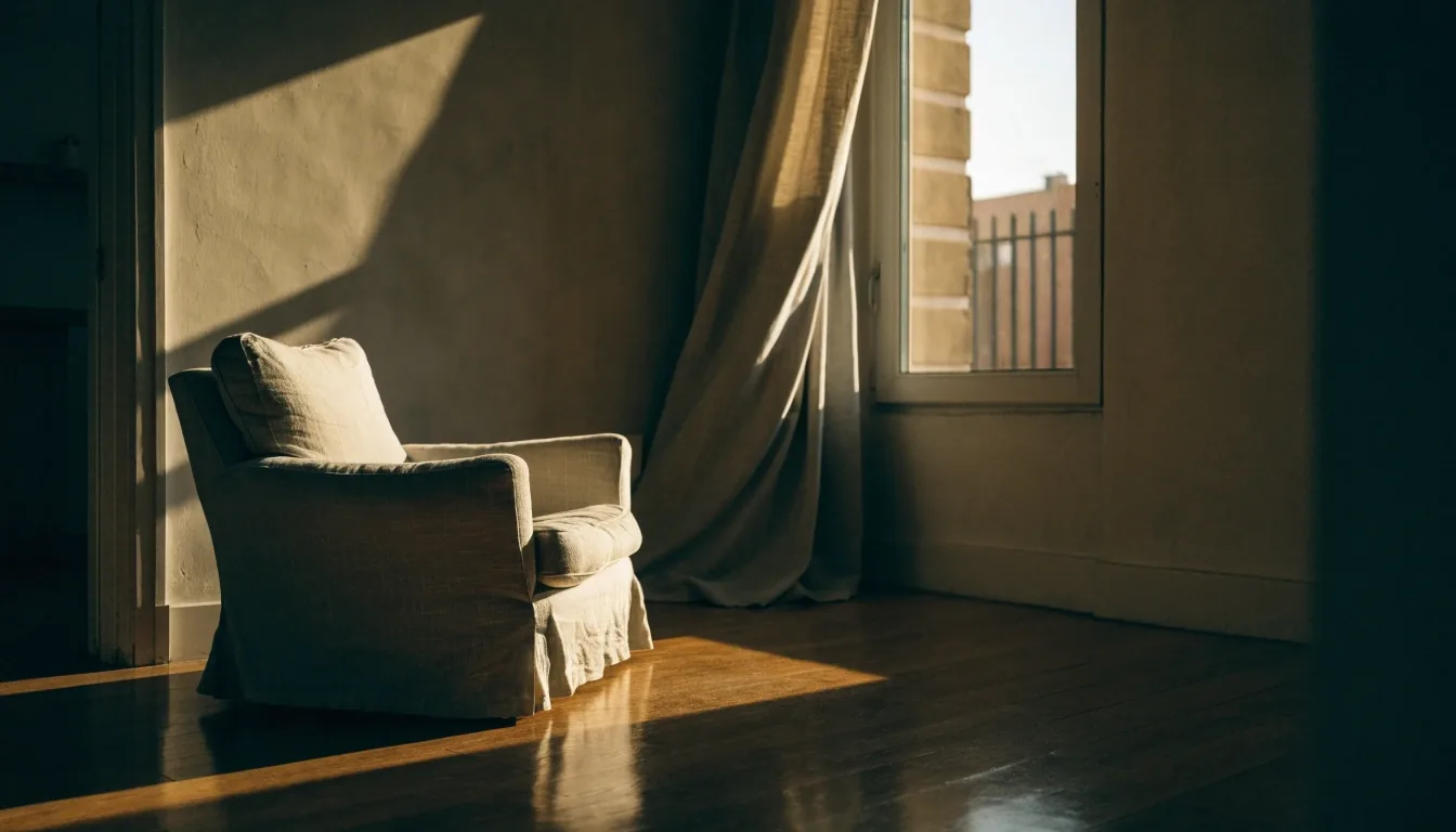 Salón de un piso español con luz de atardecer entrando por la ventana